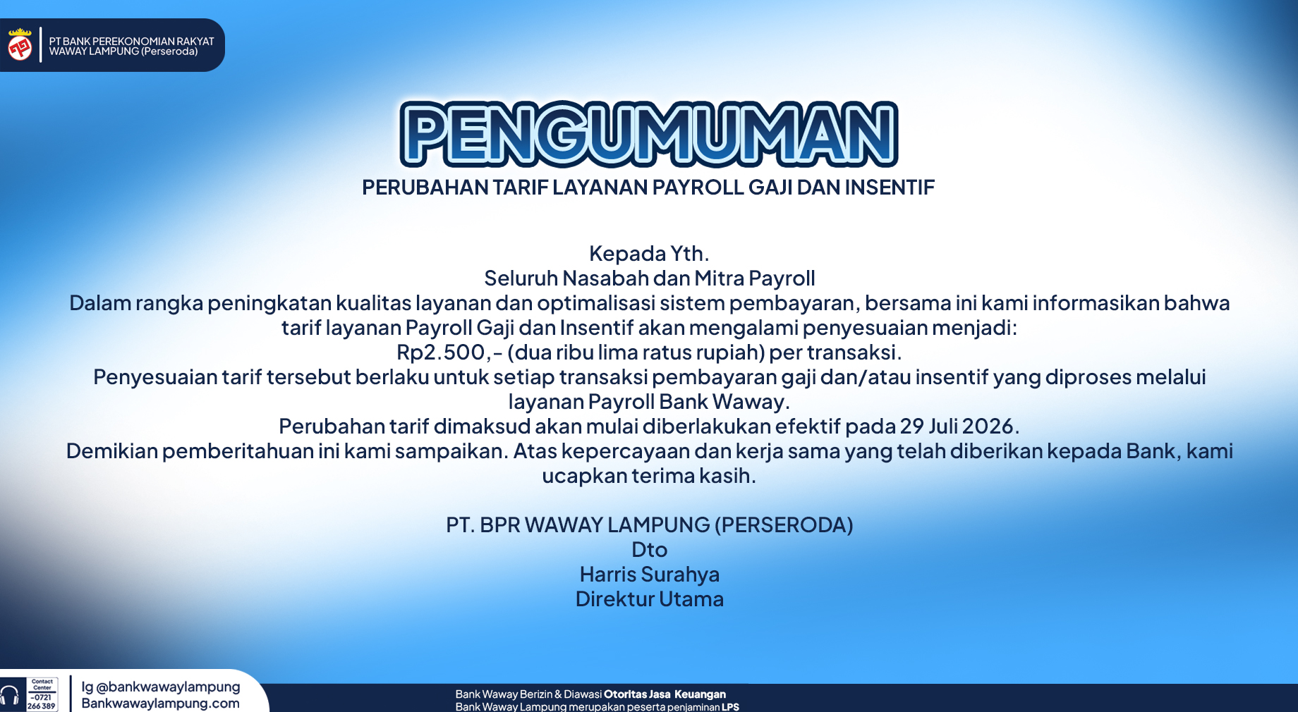 PENGUMUMAN PERUBAHAN TARIF LAYANAN PAYROLL GAJI DAN INSENTIF